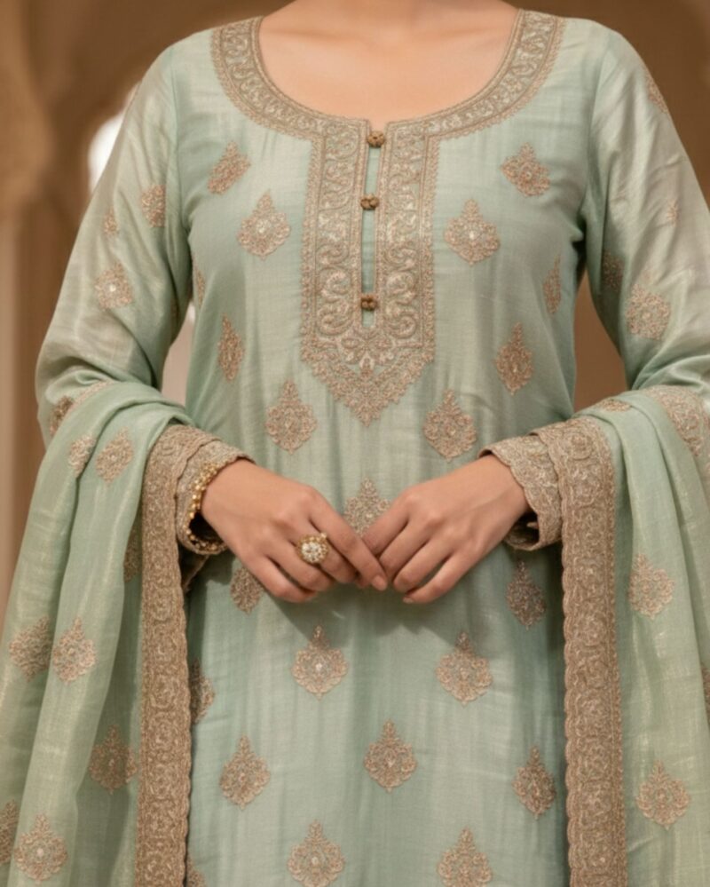 semi stitched soft sea green tissue silk wth a glossy, crinkled texture suit material