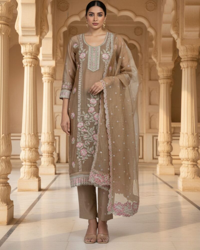 semi stitched muted taupe shimmer organza with multicoloured thread embroidery suit material