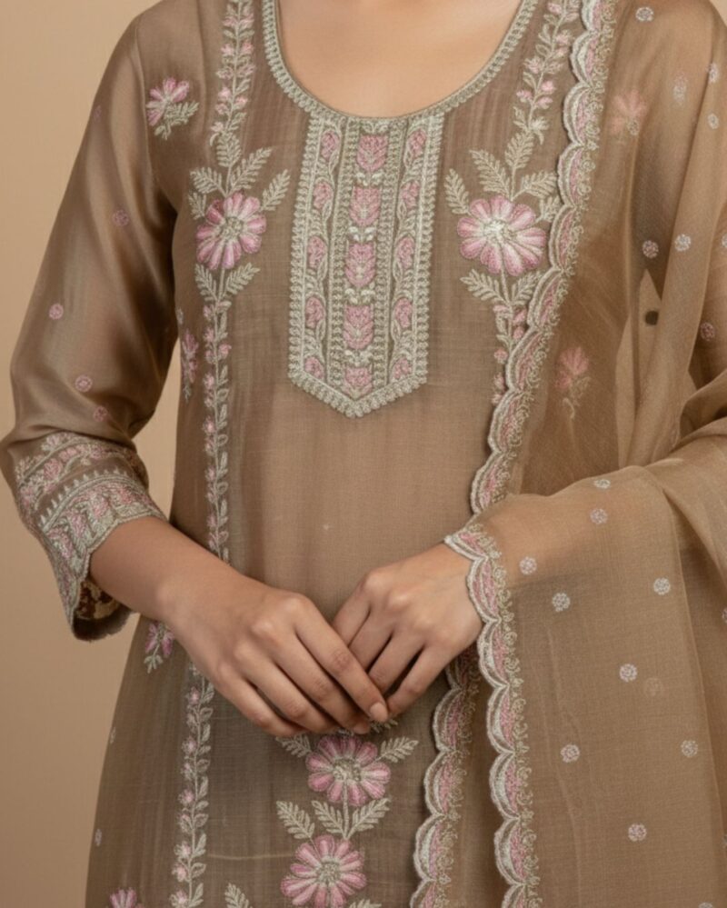 semi stitched muted taupe shimmer organza with multicoloured thread embroidery suit material
