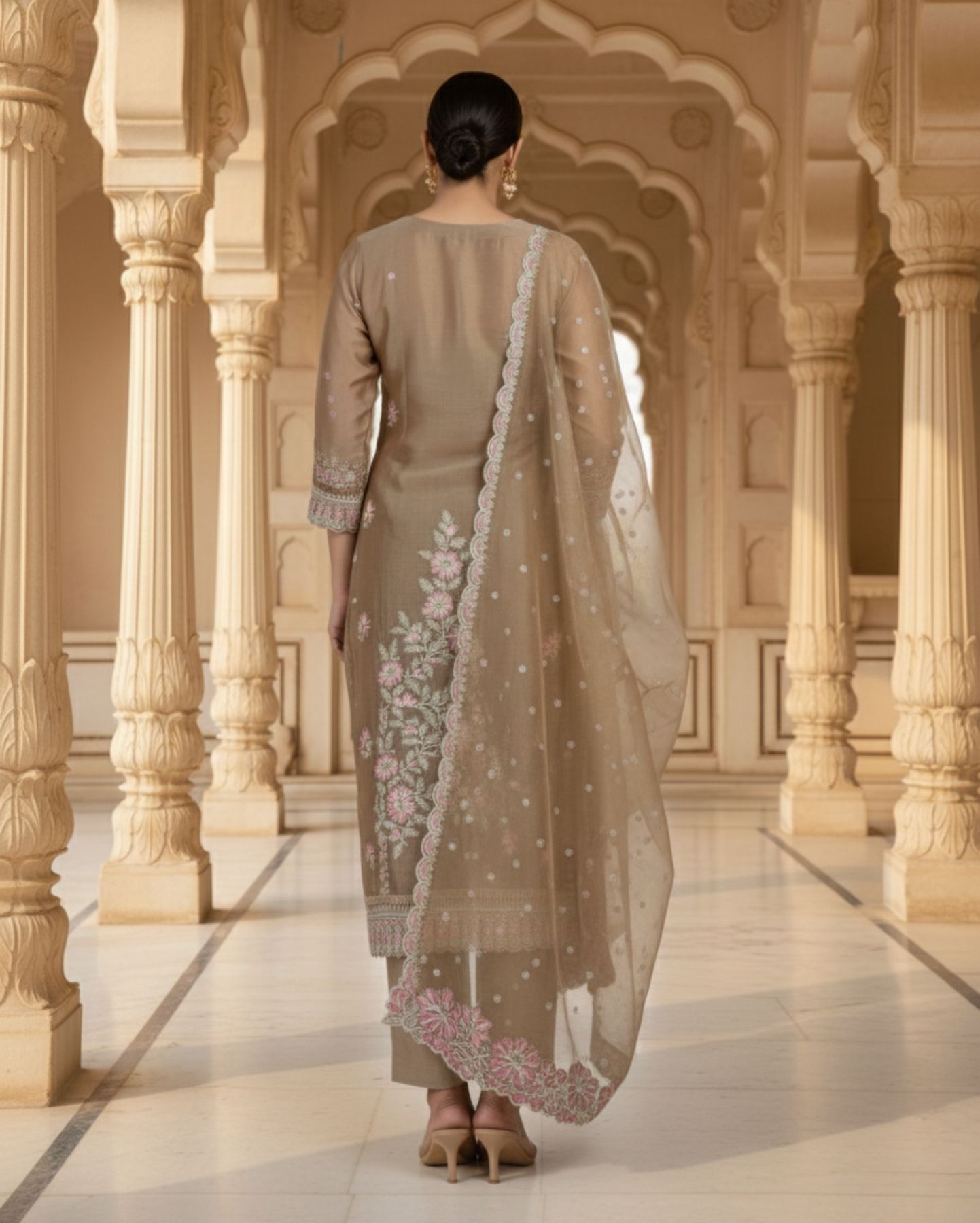 semi stitched muted taupe shimmer organza with multicoloured thread embroidery suit material