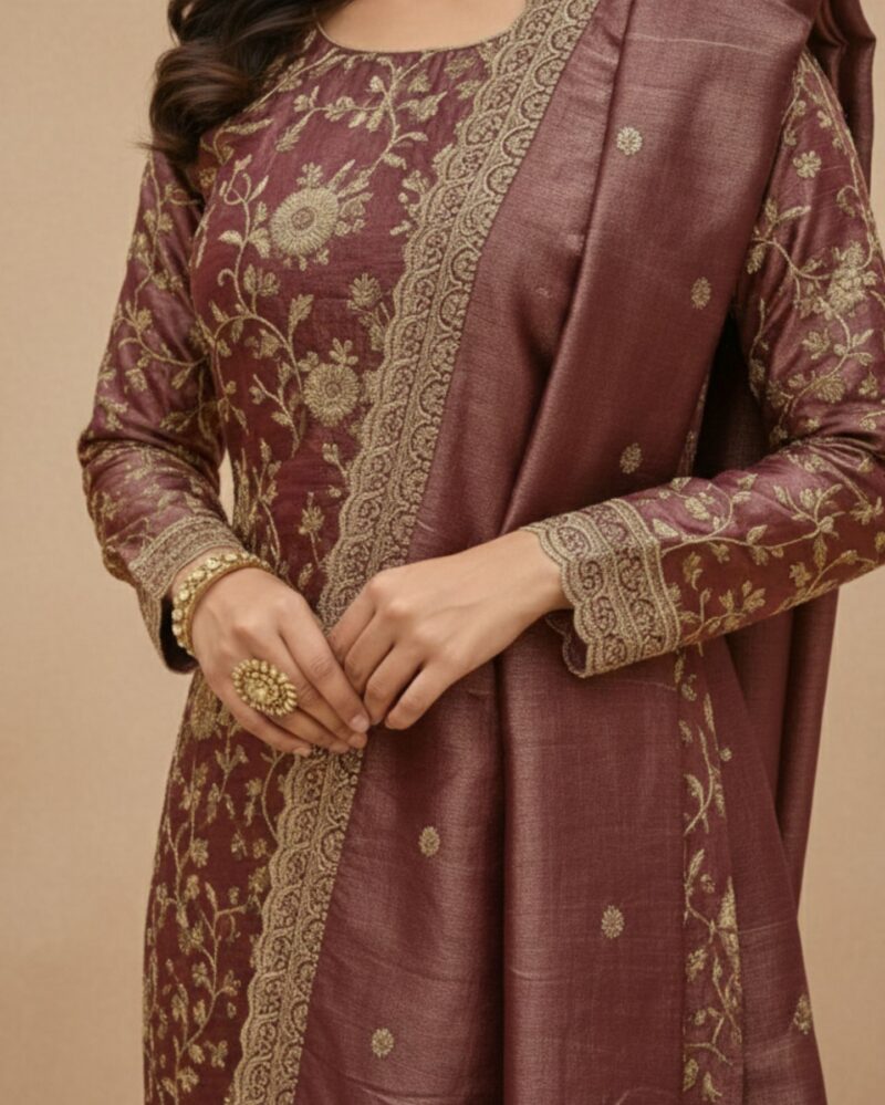 unstitched mauve silk textured fabric with zari suit material