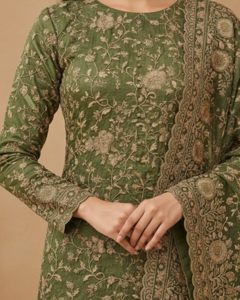 unstitched deep green tissue with embroidery suit material