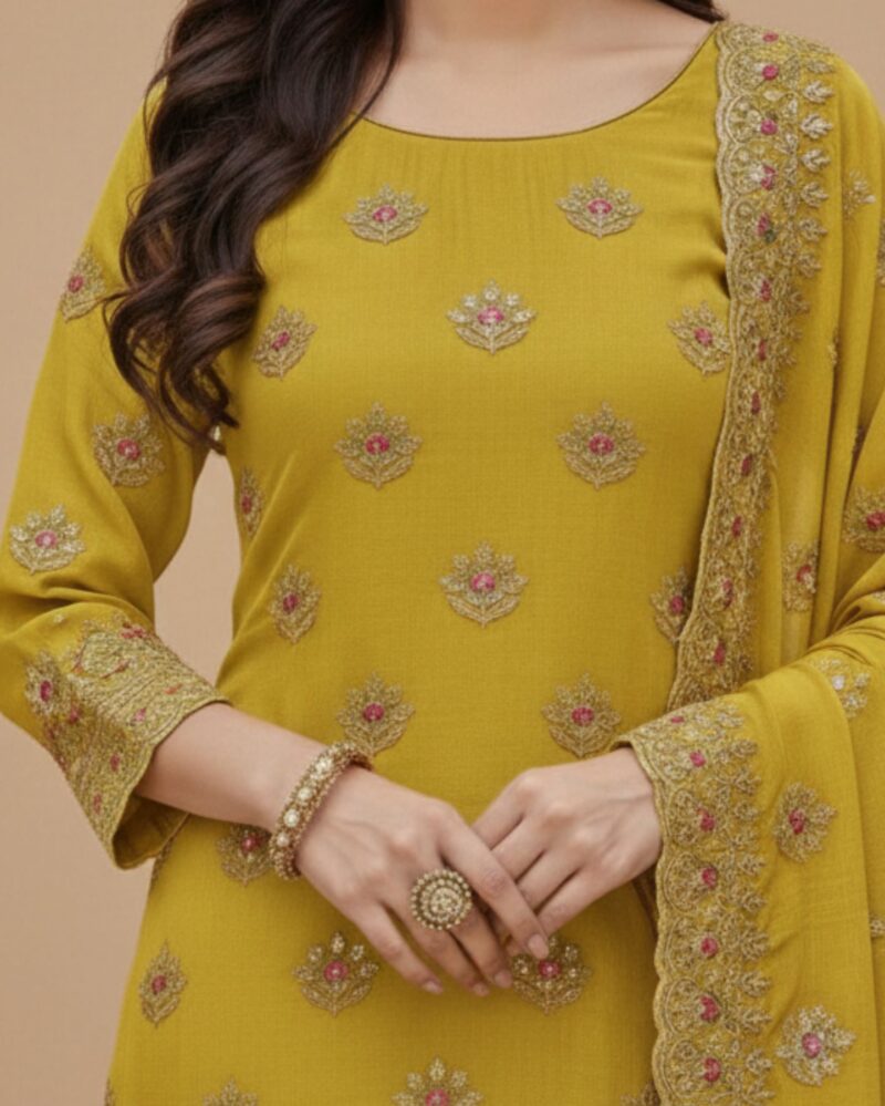 unstitched mustard shimmer silk blend embroidered suit material