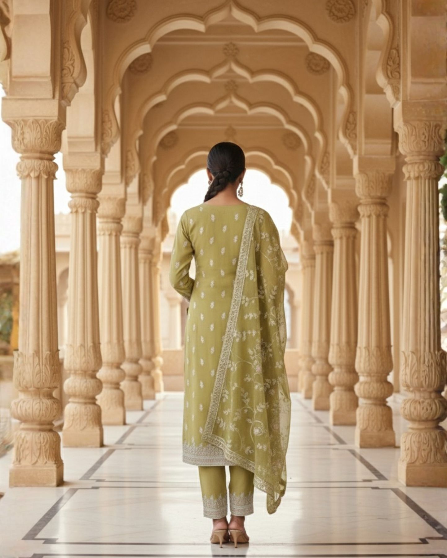 semi stitched olive green pure organza suit with delicate pastel thread and sequin neckline embroidery