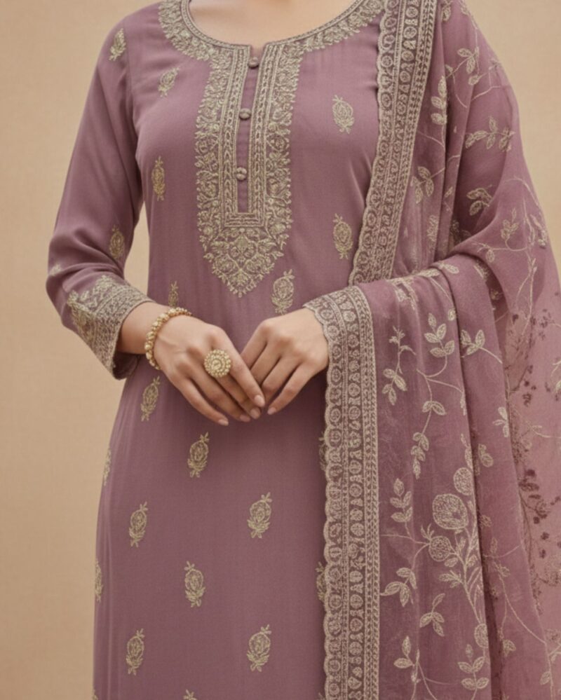 semi stitched dusty mauve chiffon suit with delicate golden thread and sequin embroidery