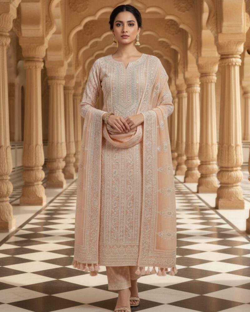unstitched soft peach georgette suit with ivory resham embroidery and subtle sequin highlights