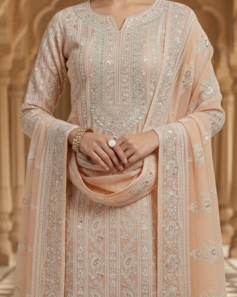 unstitched soft peach georgette suit with ivory resham embroidery and subtle sequin highlights