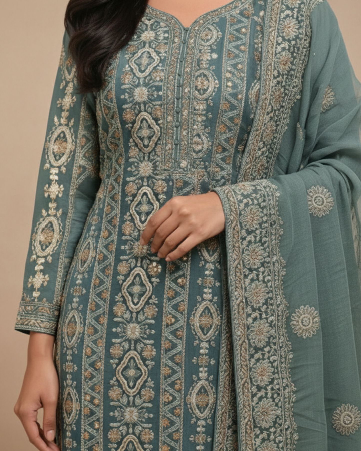 unstitched dusty mustard olive green viscose georgette fabric adorned with delicate ivory thread embroidered suit material