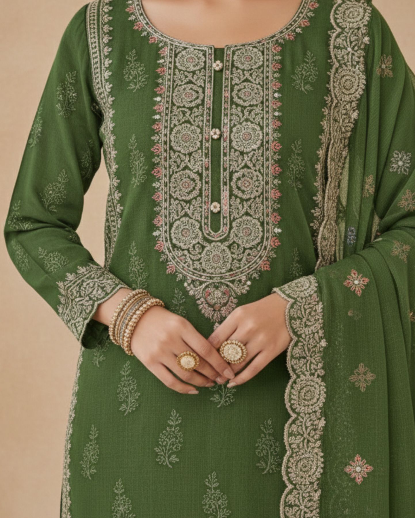 bottle green semi stitched with embroidery chiffon suit set with dupatta