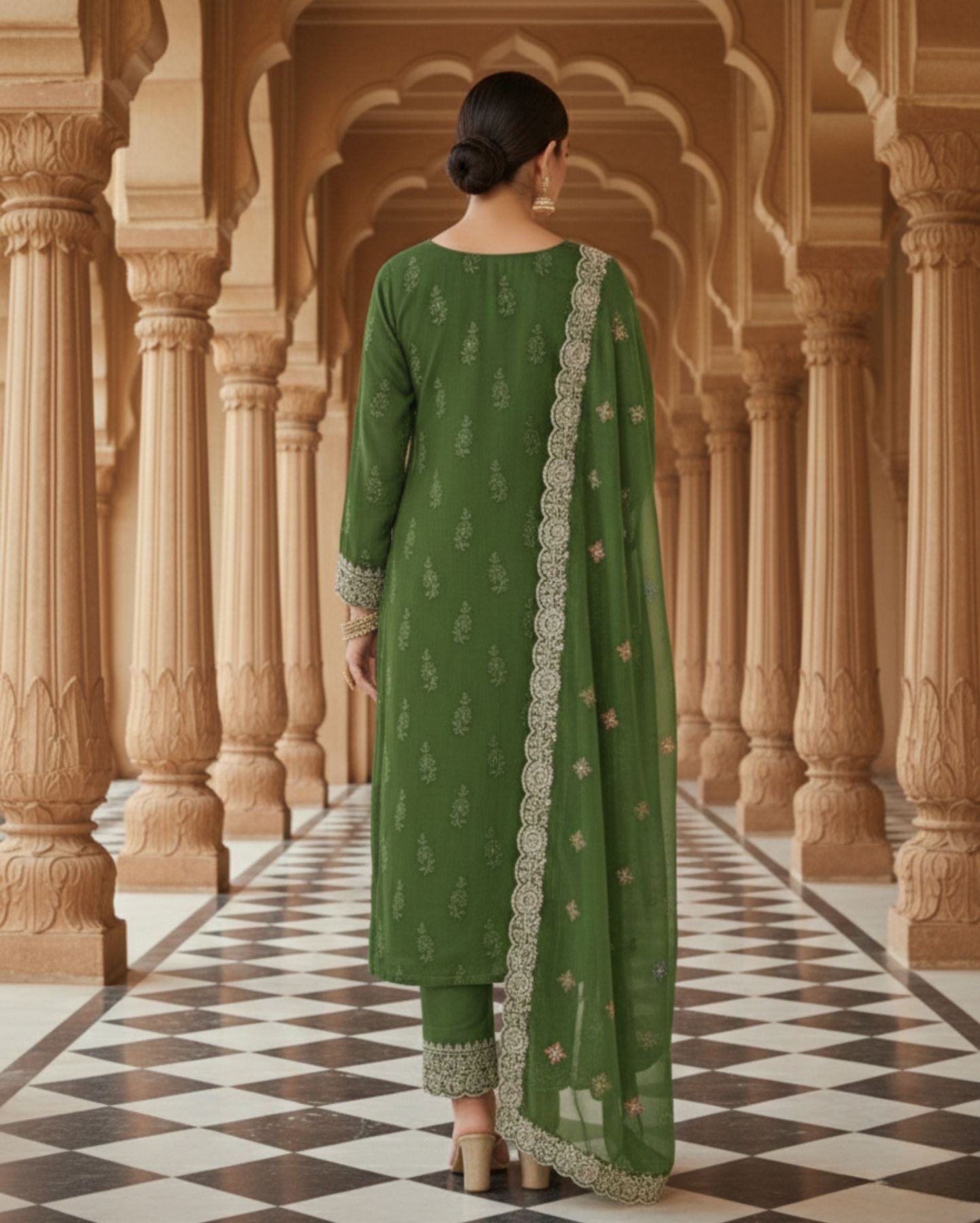 bottle green semi stitched with embroidery chiffon suit set with dupatta