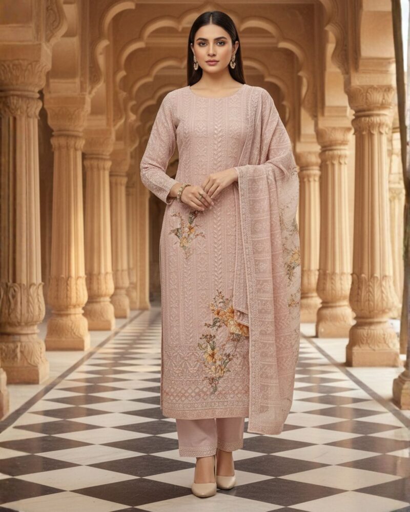 pastel lavender unstitched chiffon suit set with dupatta adorned with floral threadwork