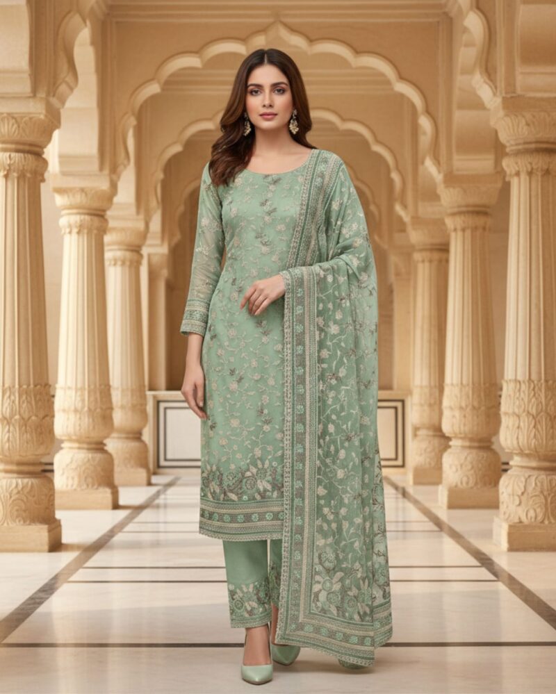 unstitched soft sea green organza fabric adorned with delicate ivory thread embroidered suit material