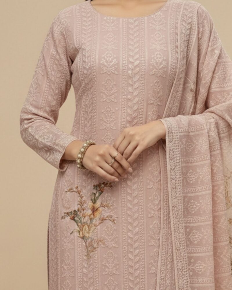 pastel lavender unstitched chiffon suit set with dupatta adorned with floral threadwork
