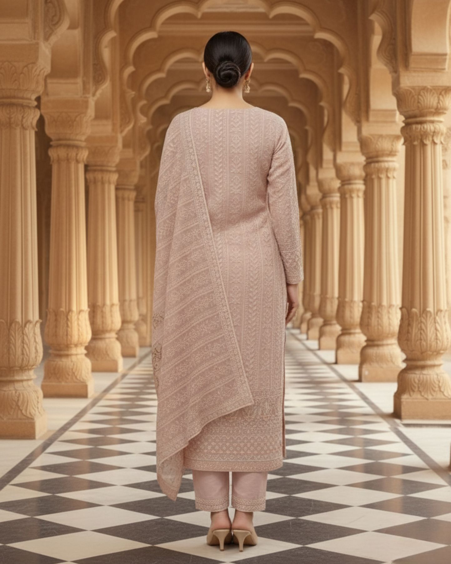 pastel lavender unstitched chiffon suit set with dupatta adorned with floral threadwork