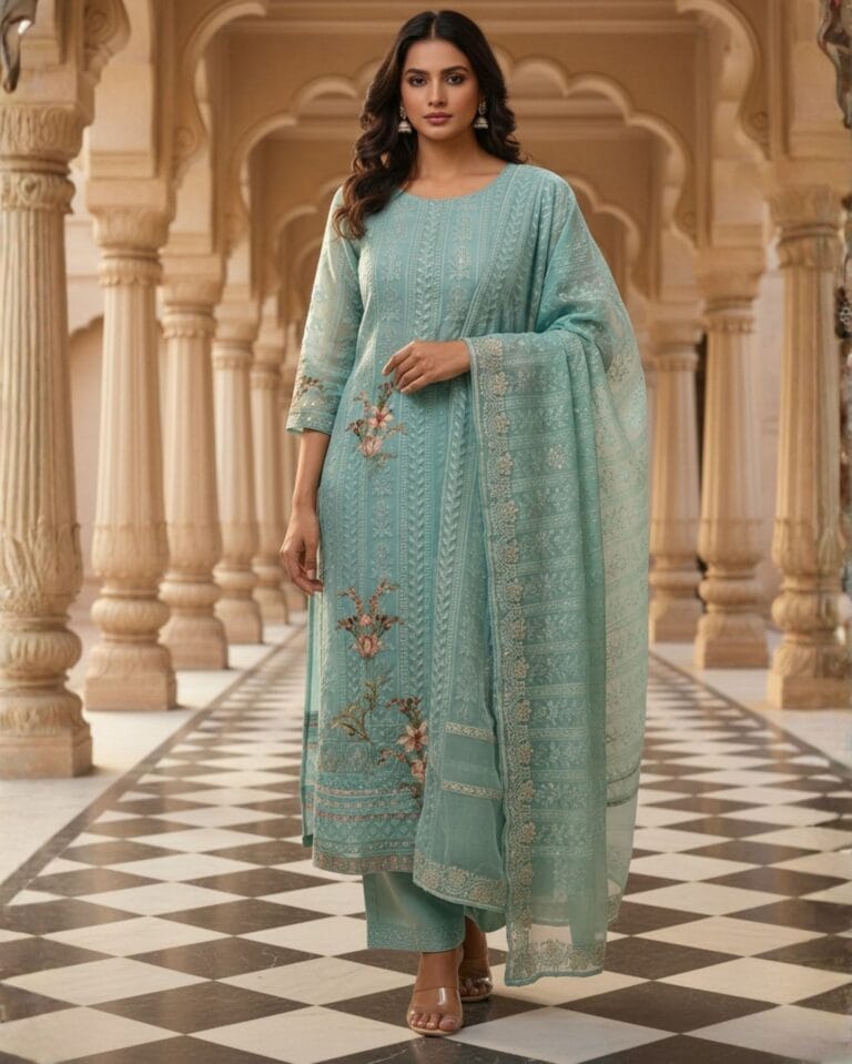 unstitched soft aqua blue chiffon suit with tonal thread embroidery and subtle floral digital print highlights