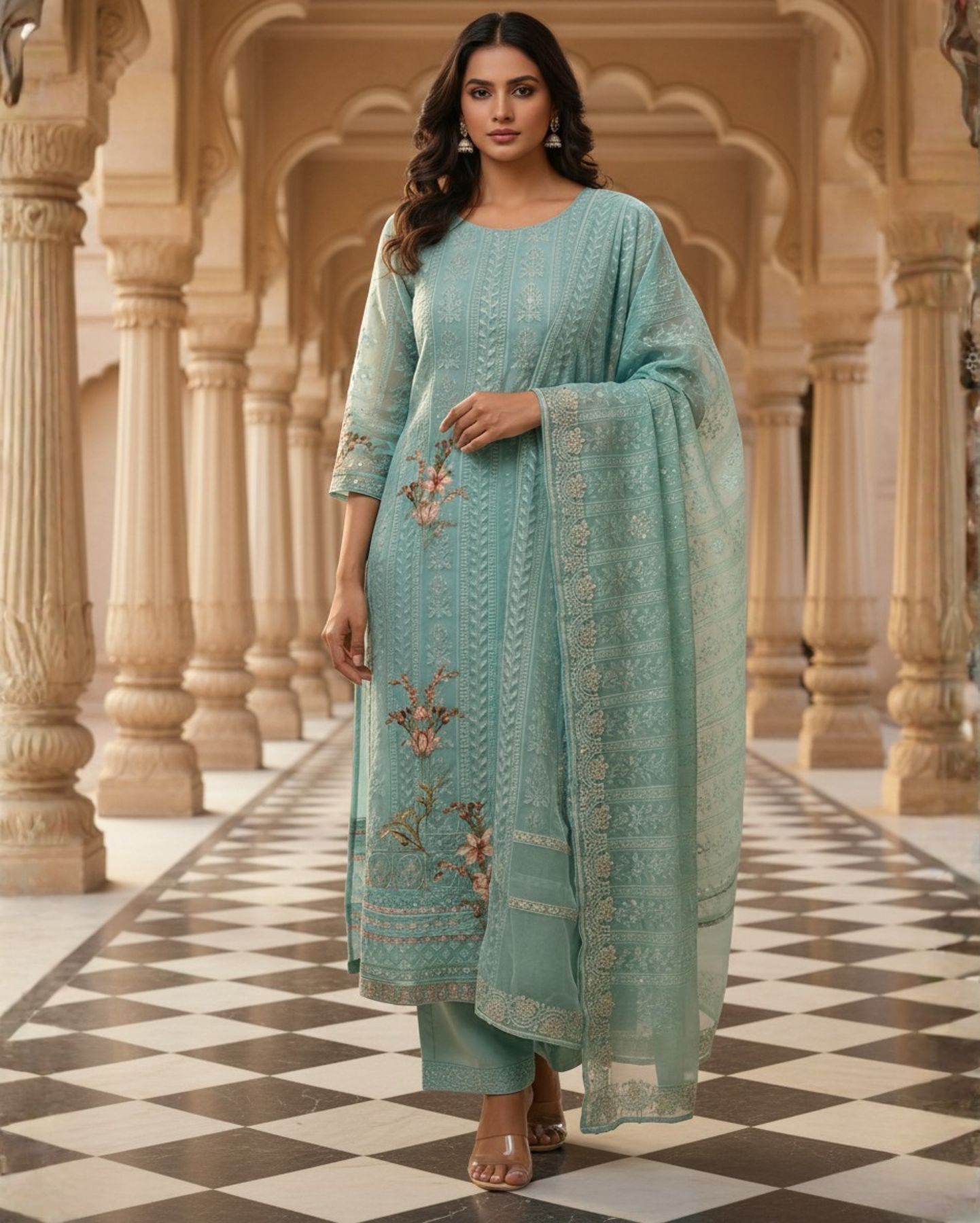 unstitched soft aqua blue chiffon suit with tonal thread embroidery and subtle floral digital print highlights