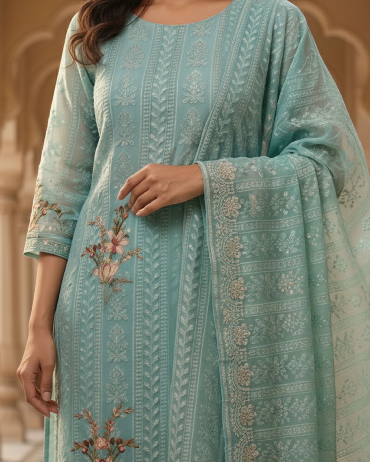 unstitched soft aqua blue chiffon suit with tonal thread embroidery and subtle floral digital print highlights