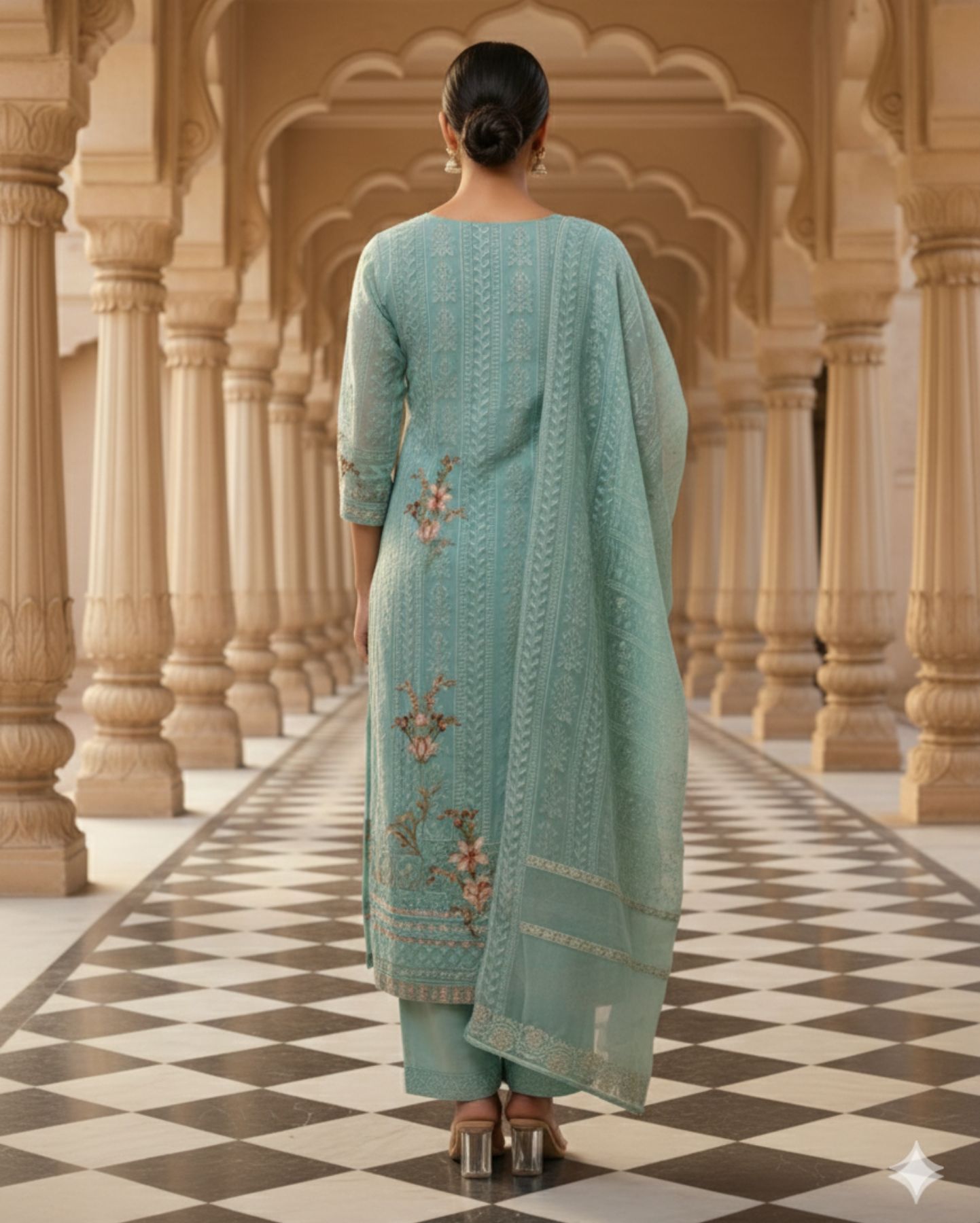 unstitched soft aqua blue chiffon suit with tonal thread embroidery and subtle floral digital print highlights