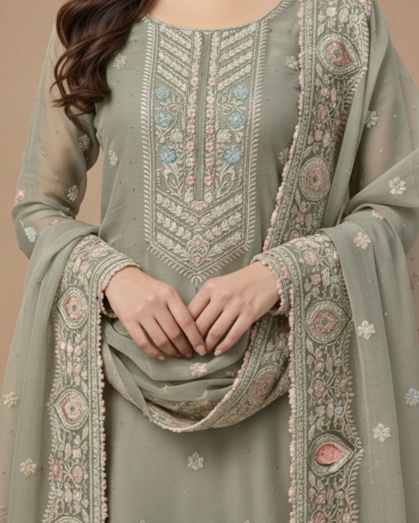 muted grey semi stitched organza with floral embroidery suit set with dupatta