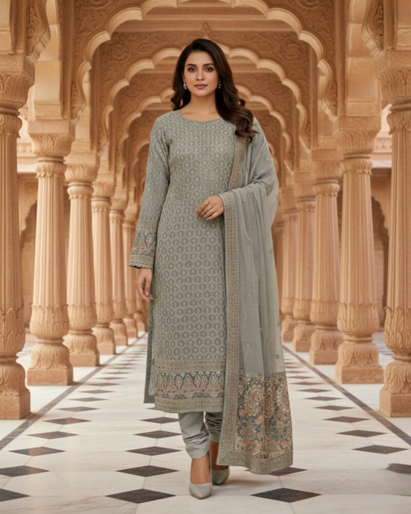 unstitched soft dove grey georgette suit with ivory thread embroidery and subtle sequin highlights