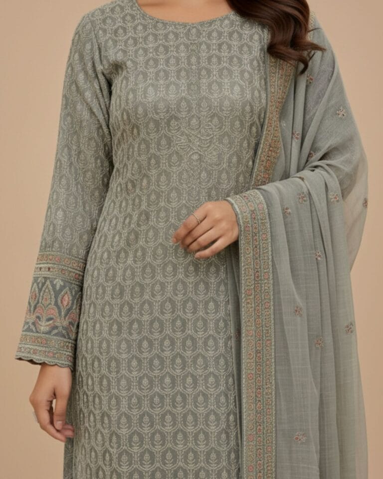 unstitched soft dove grey georgette suit with ivory thread embroidery and subtle sequin highlights