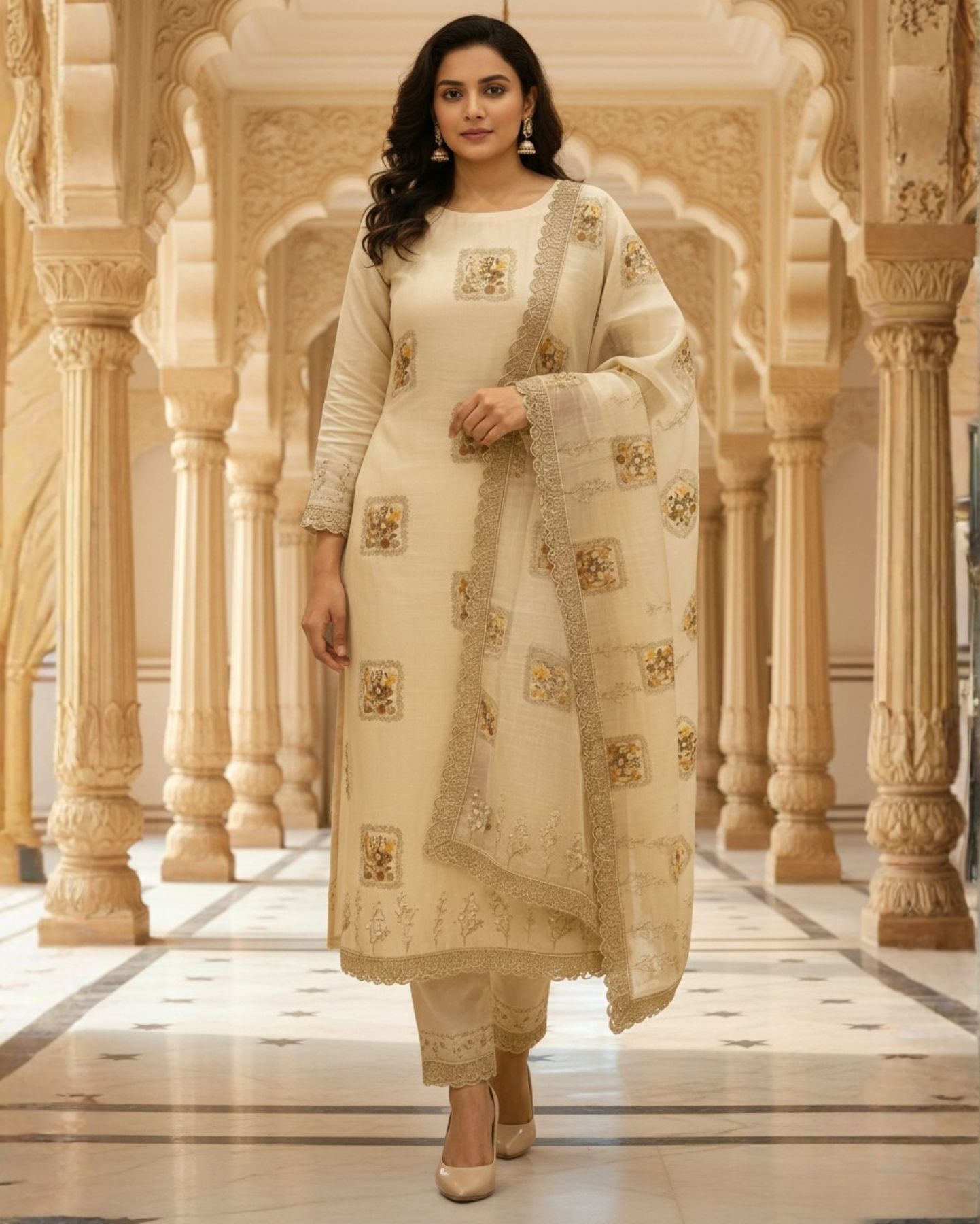 unstitched soft beige linen rayon suit with subtle faded floral prints for an understated, elegant look