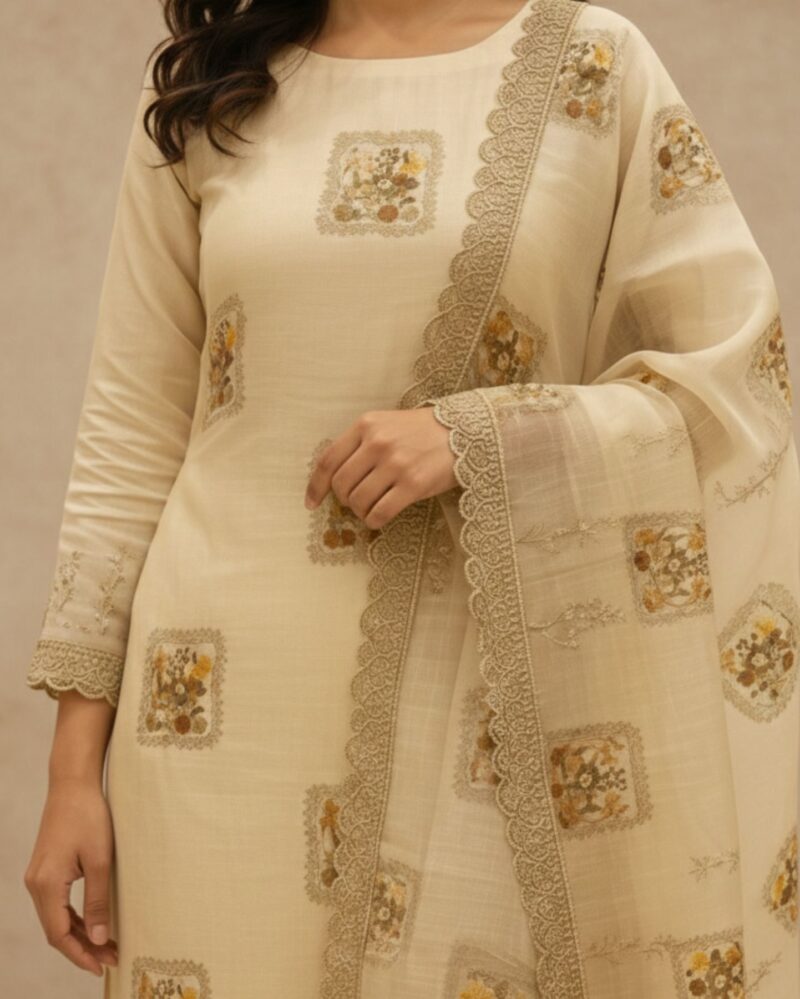 unstitched soft beige linen rayon suit with subtle faded floral prints for an understated, elegant look