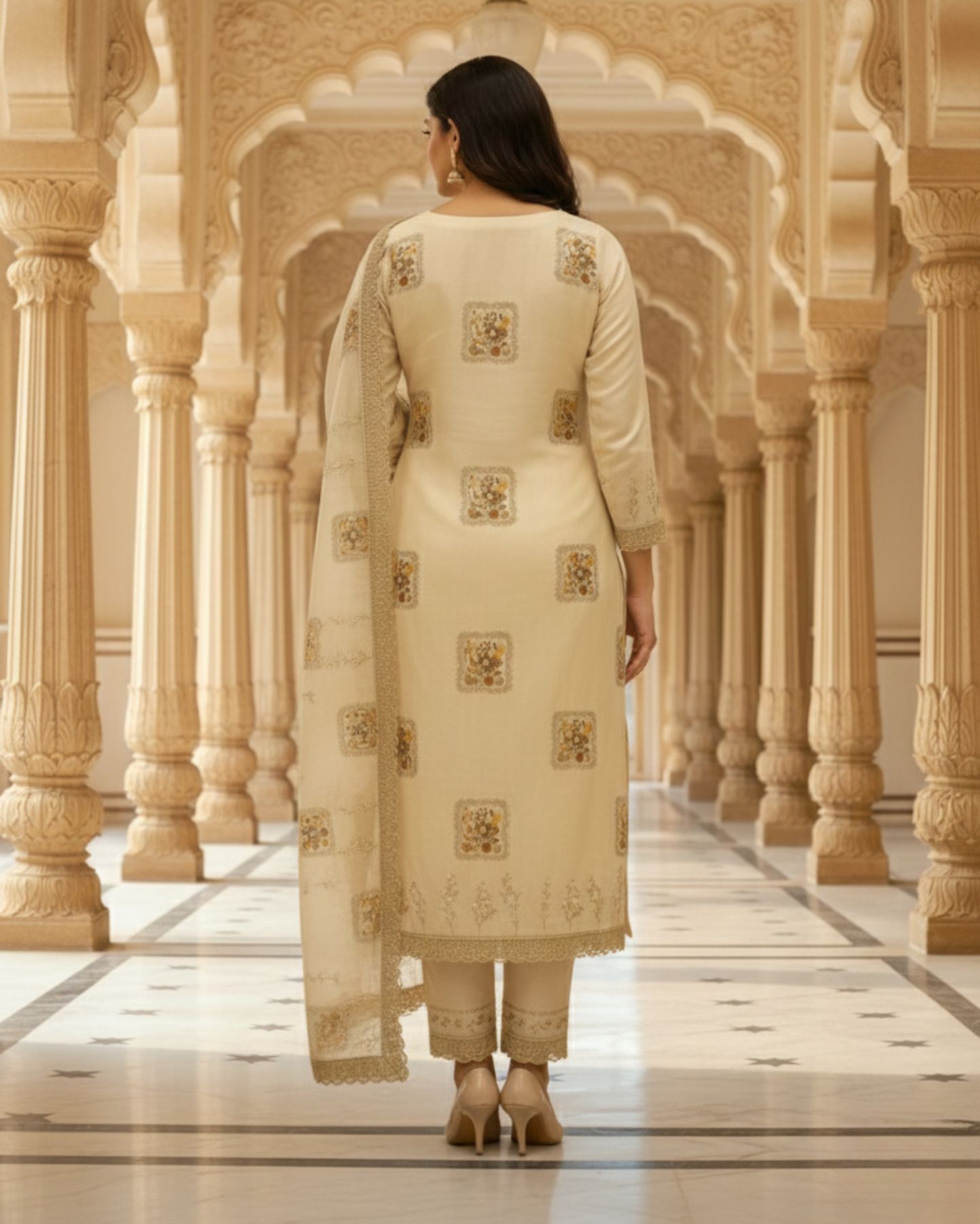 unstitched soft beige linen rayon suit with subtle faded floral prints for an understated, elegant look