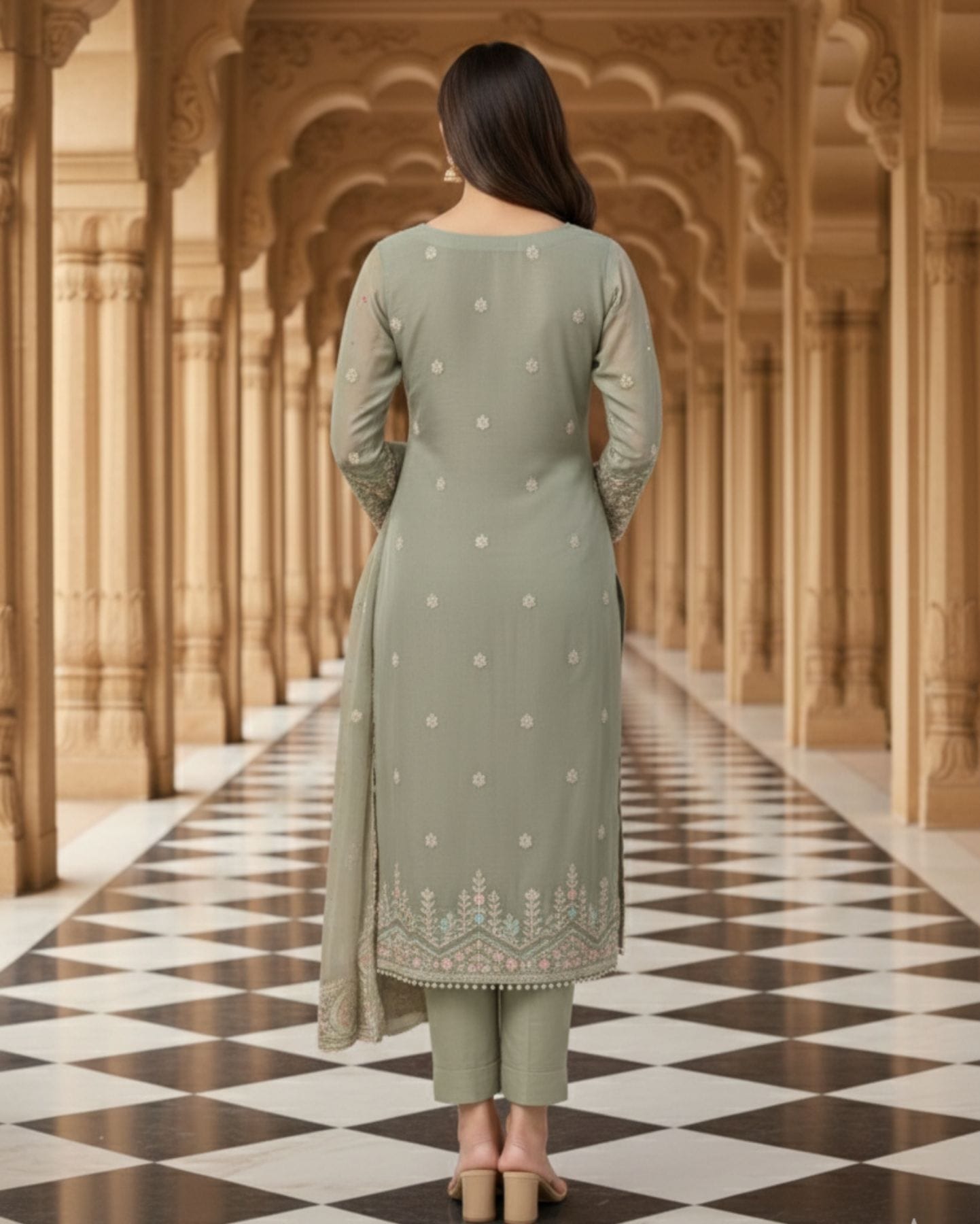 muted grey semi stitched organza with floral embroidery suit set with dupatta