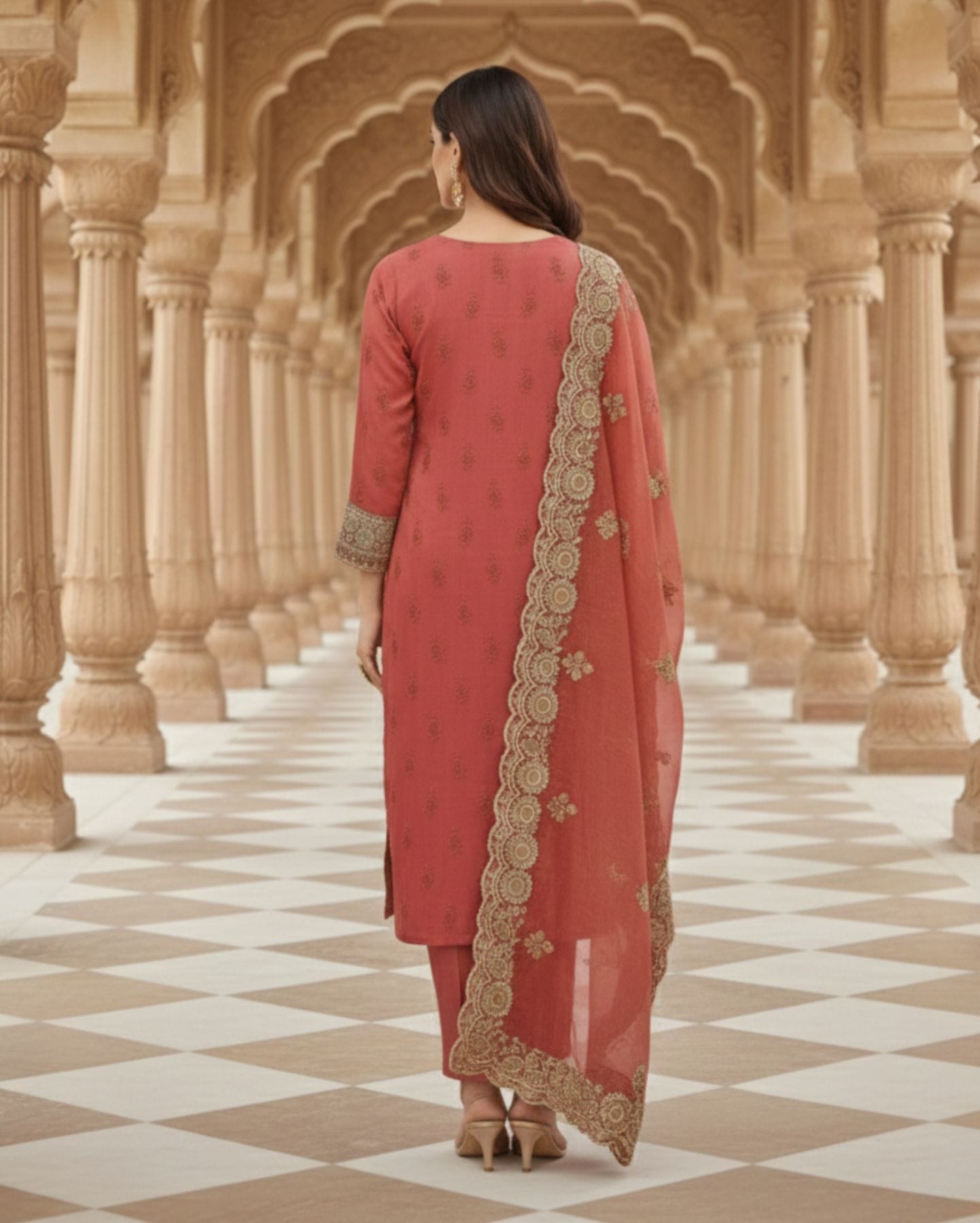 watermelon pink semi stitched tissue suit set with dupatta with delicate pastel sequin embroidery