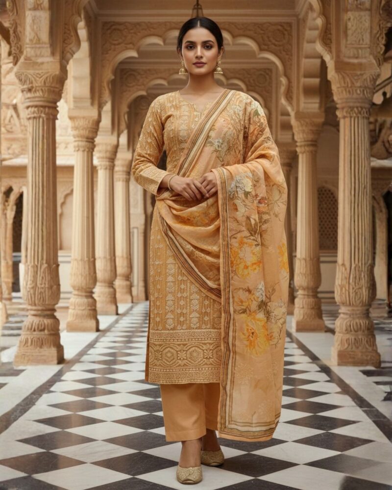 unstitched peach blush georgette suit with intricate white resham embroidery and sequin highlights