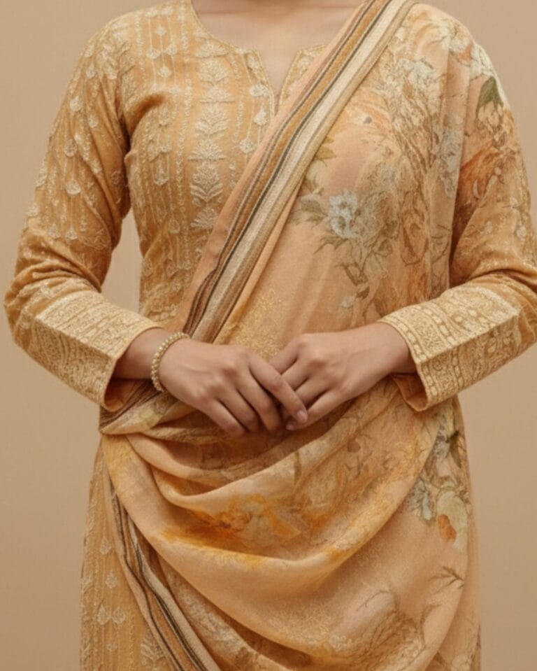unstitched peach blush georgette suit with intricate white resham embroidery and sequin highlights