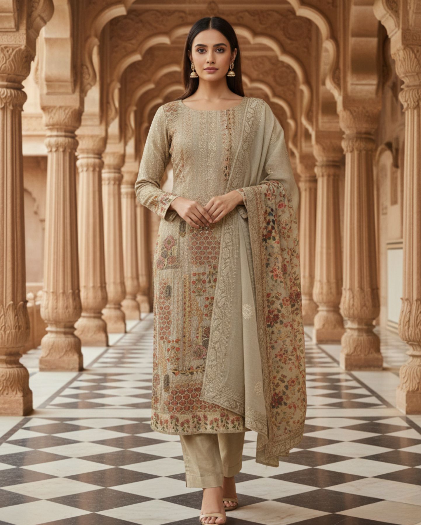 beige unstitched multicoloured embroidery and mirror sequin textured chiffon suit set with dupatta