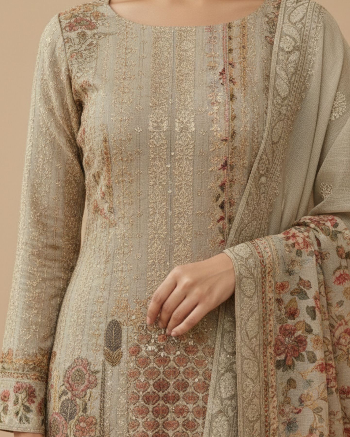 beige unstitched multicoloured embroidery and mirror sequin textured chiffon suit set with dupatta