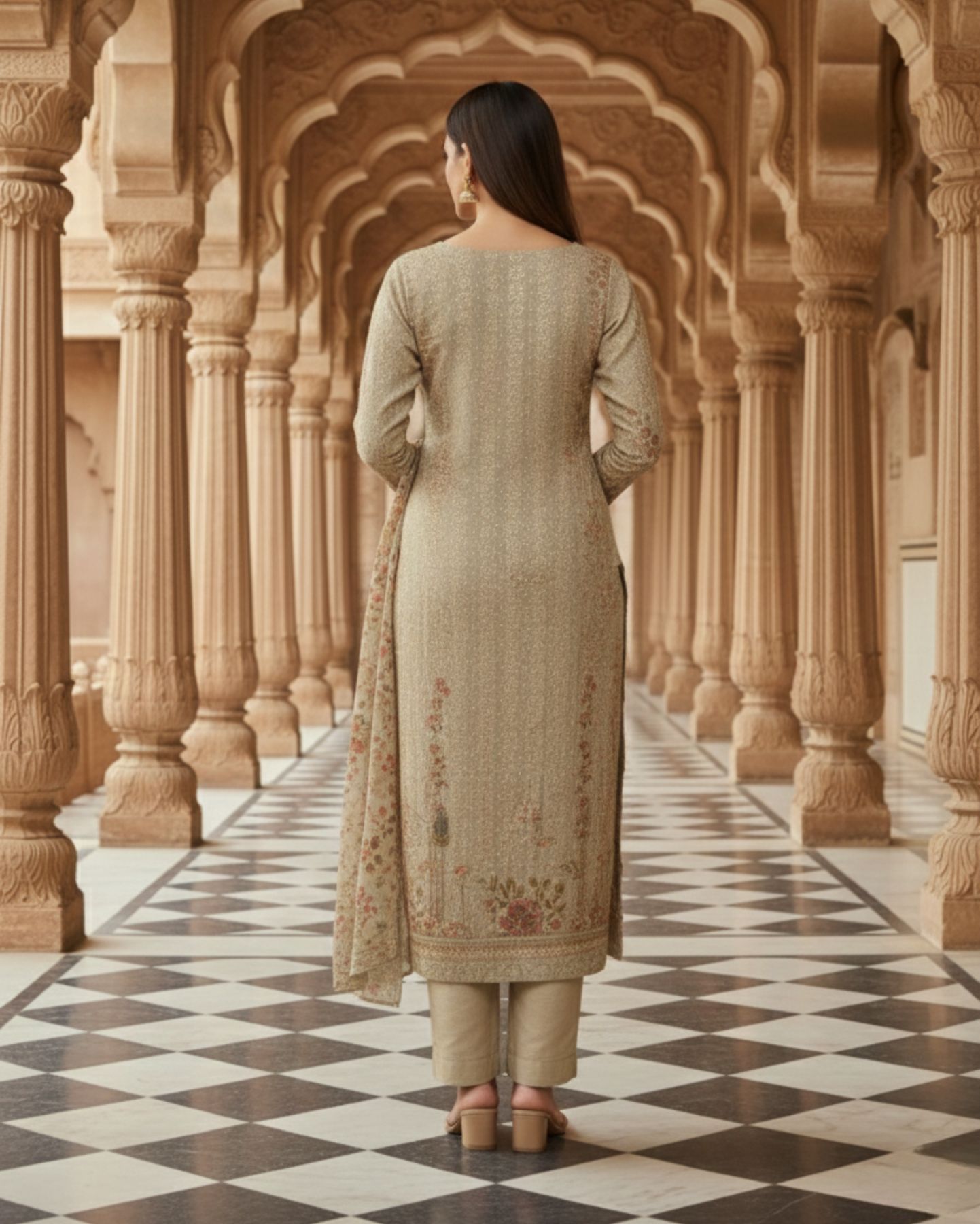 beige unstitched multicoloured embroidery and mirror sequin textured chiffon suit set with dupatta