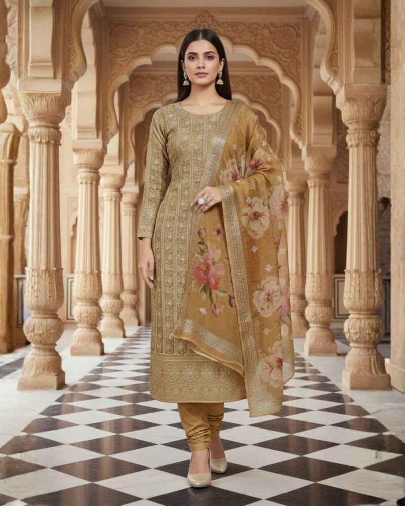 unstitched mustard gold embroidered soft georgette suit featuring intricate threadwork and sequin floral motifs