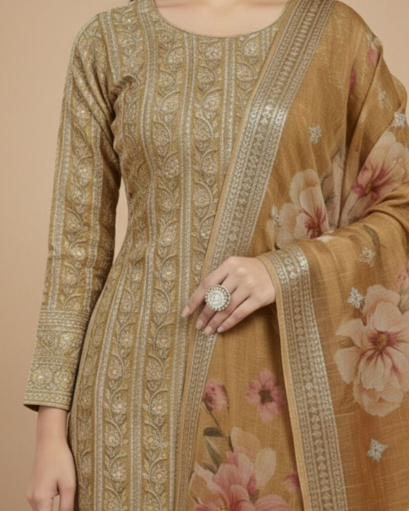 unstitched mustard gold embroidered soft georgette suit featuring intricate threadwork and sequin floral motifs