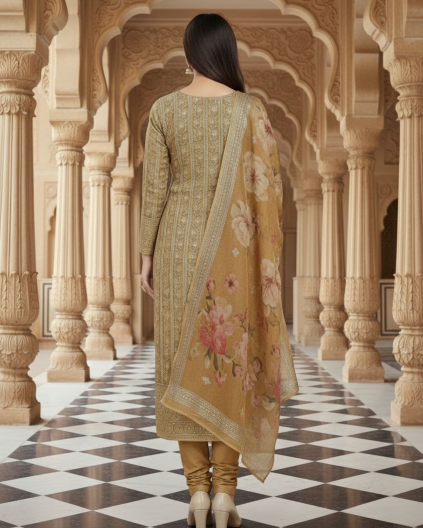 unstitched mustard gold embroidered soft georgette suit featuring intricate threadwork and sequin floral motifs