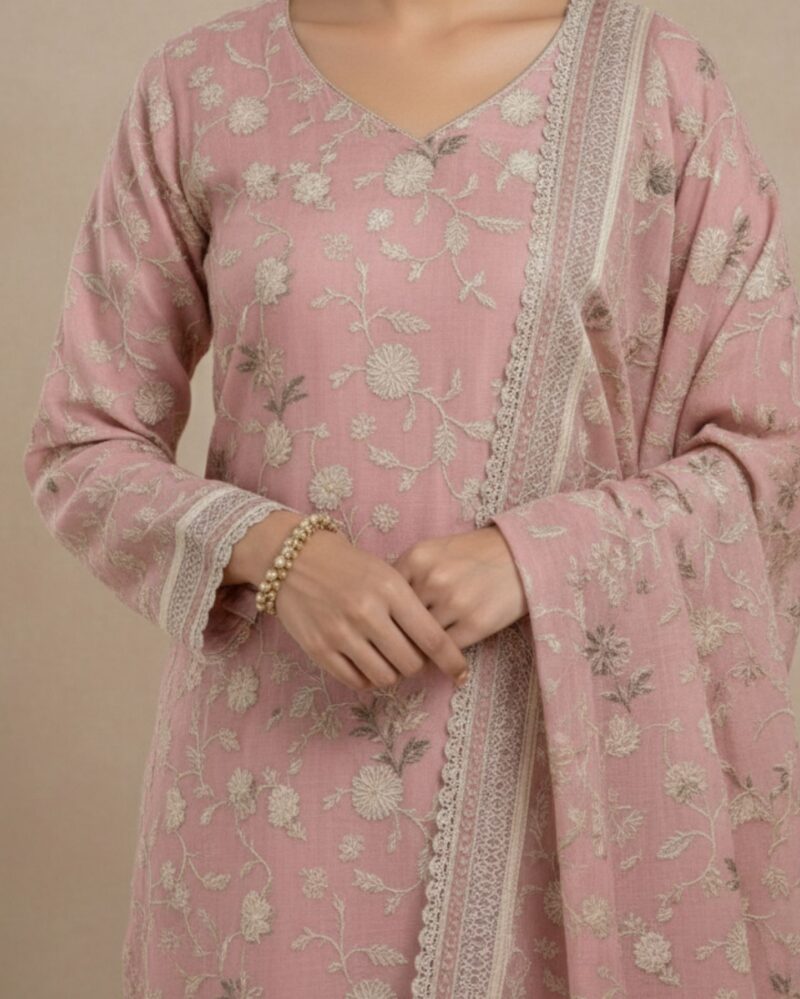 unstitched antique rose pink fine muslin cotton blend with sequin accents and textured embroidered suit material
