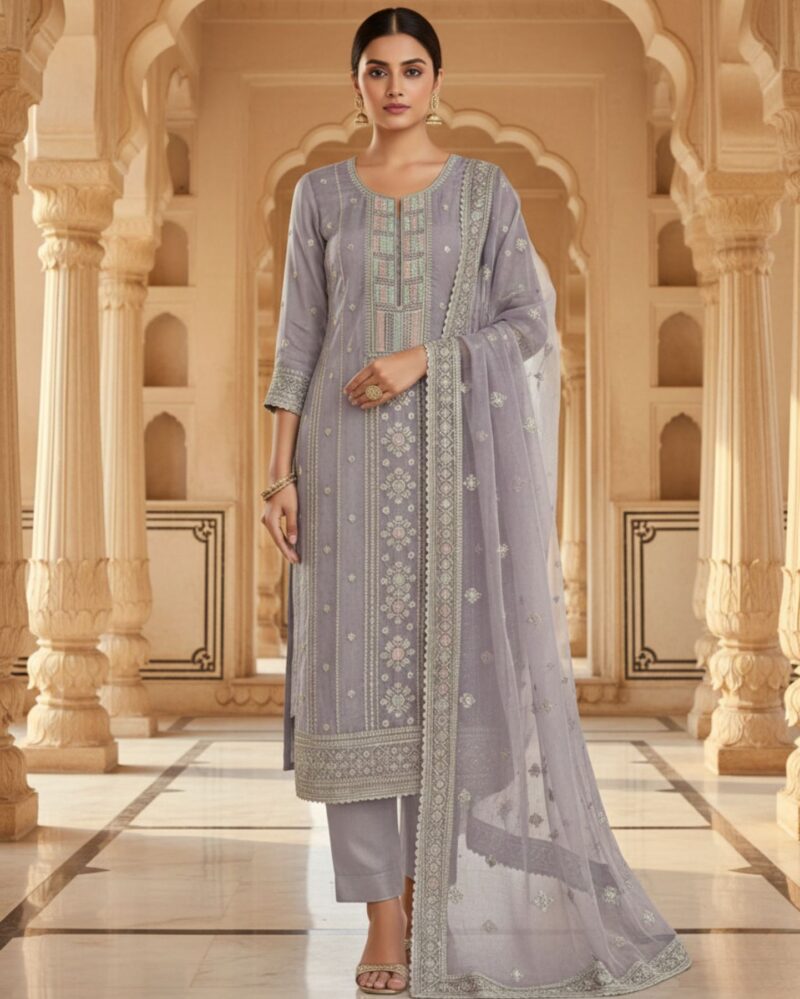 semi stitched lavender organza with pastel zari embroidered suit material