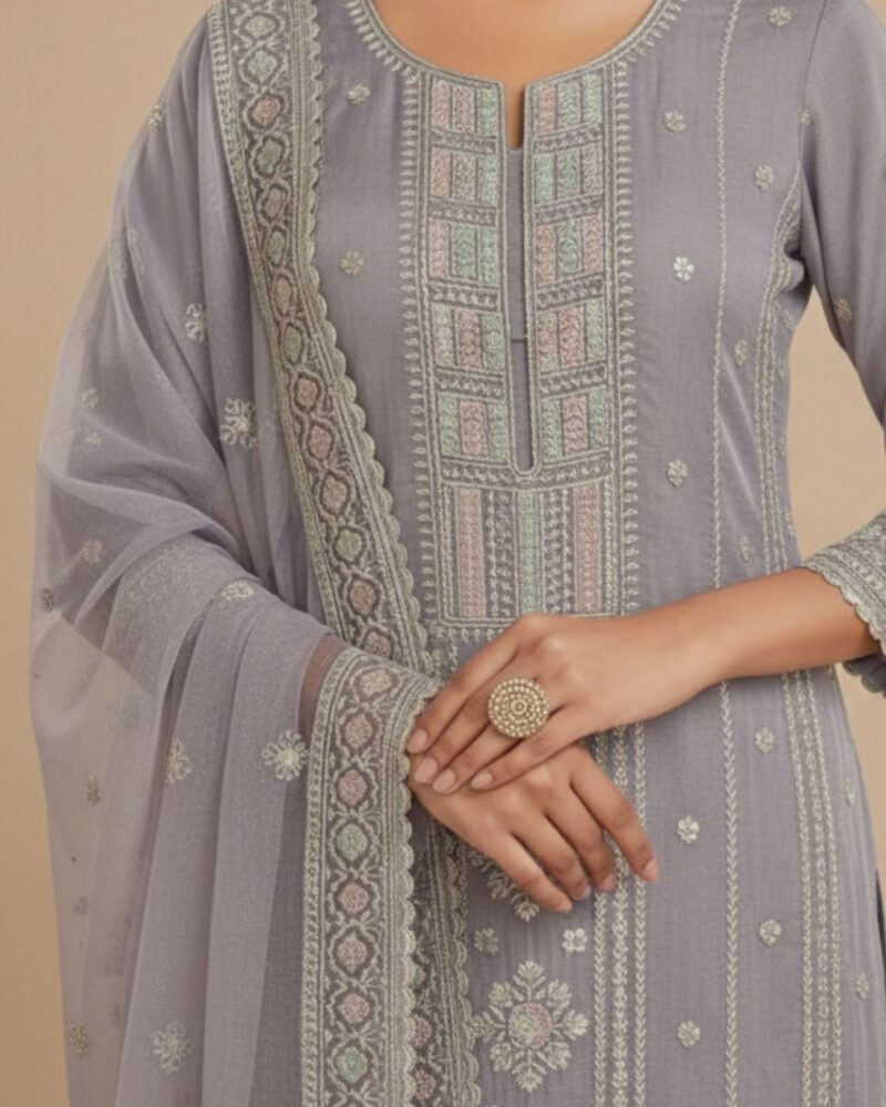 semi stitched lavender organza with pastel zari embroidered suit material
