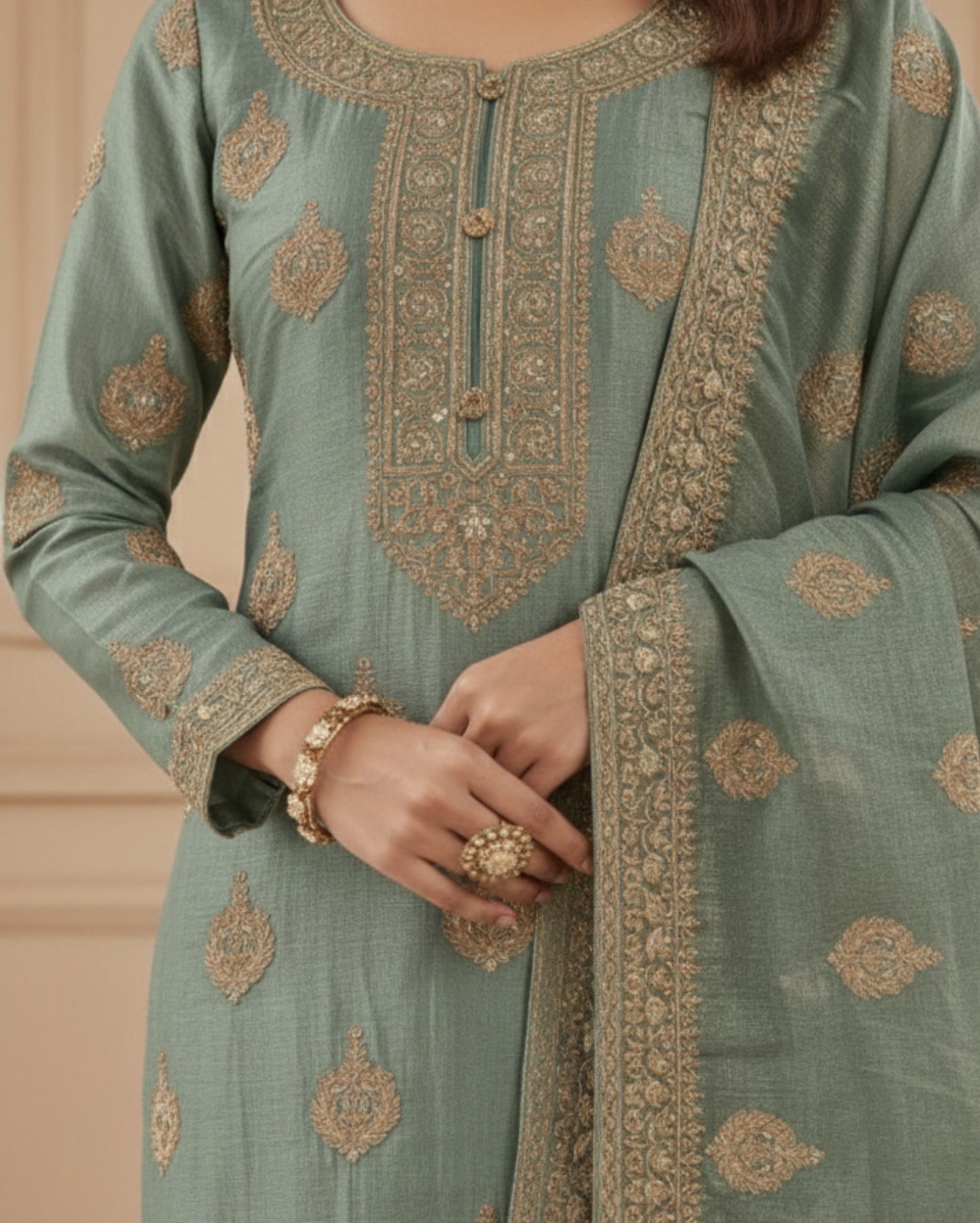 icy aqua blue semi stitched tissue silk suit with dupatta with golden sequin and thread embroidery