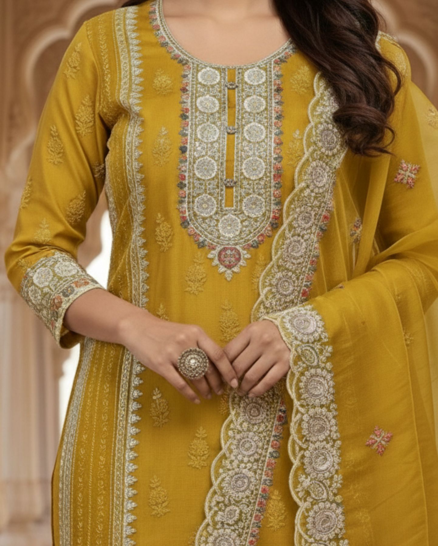 olive mustard semi stitched soft organza suit with dupatta with multicolour thread and zari embroidery
