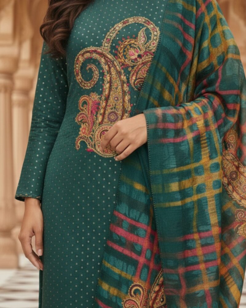 unstitched emerald teal satin suit enhanced with mirror applique and floral threadwork