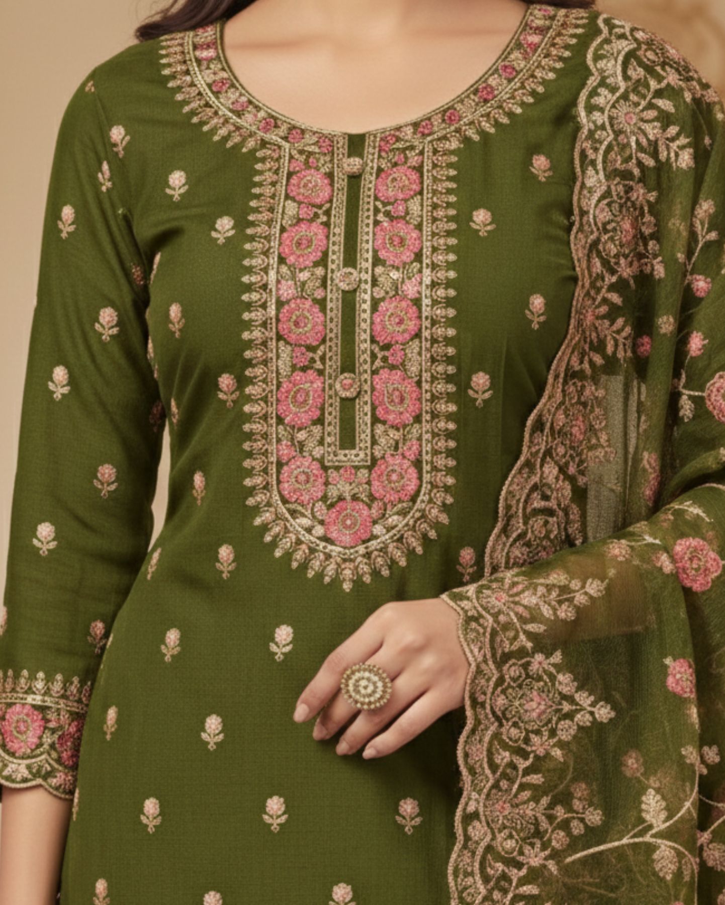 semi stitched soft georgette in deep olive with zari embroidery suit material