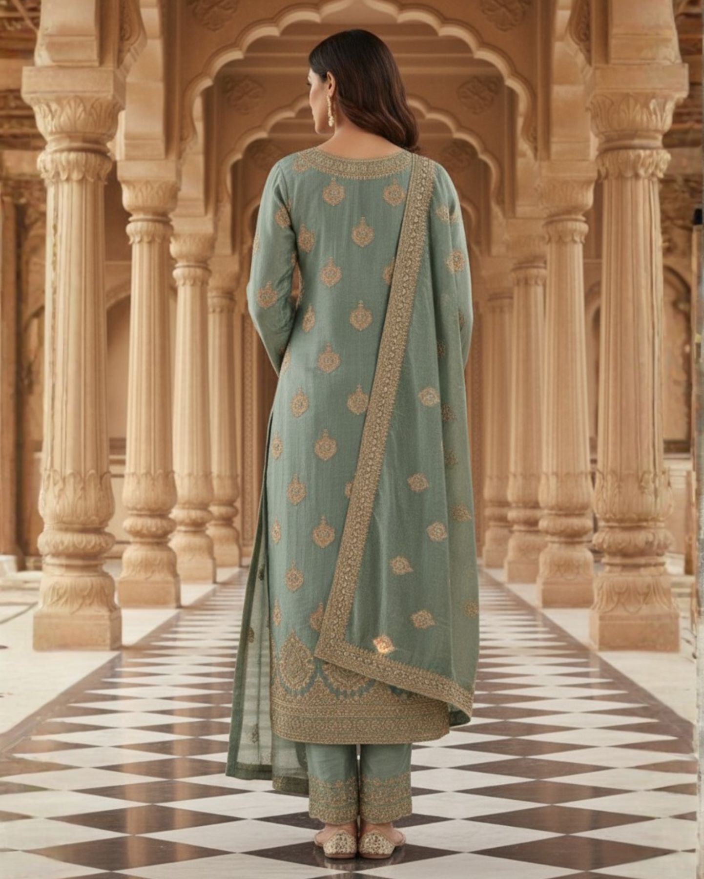 icy aqua blue semi stitched tissue silk suit with dupatta with golden sequin and thread embroidery