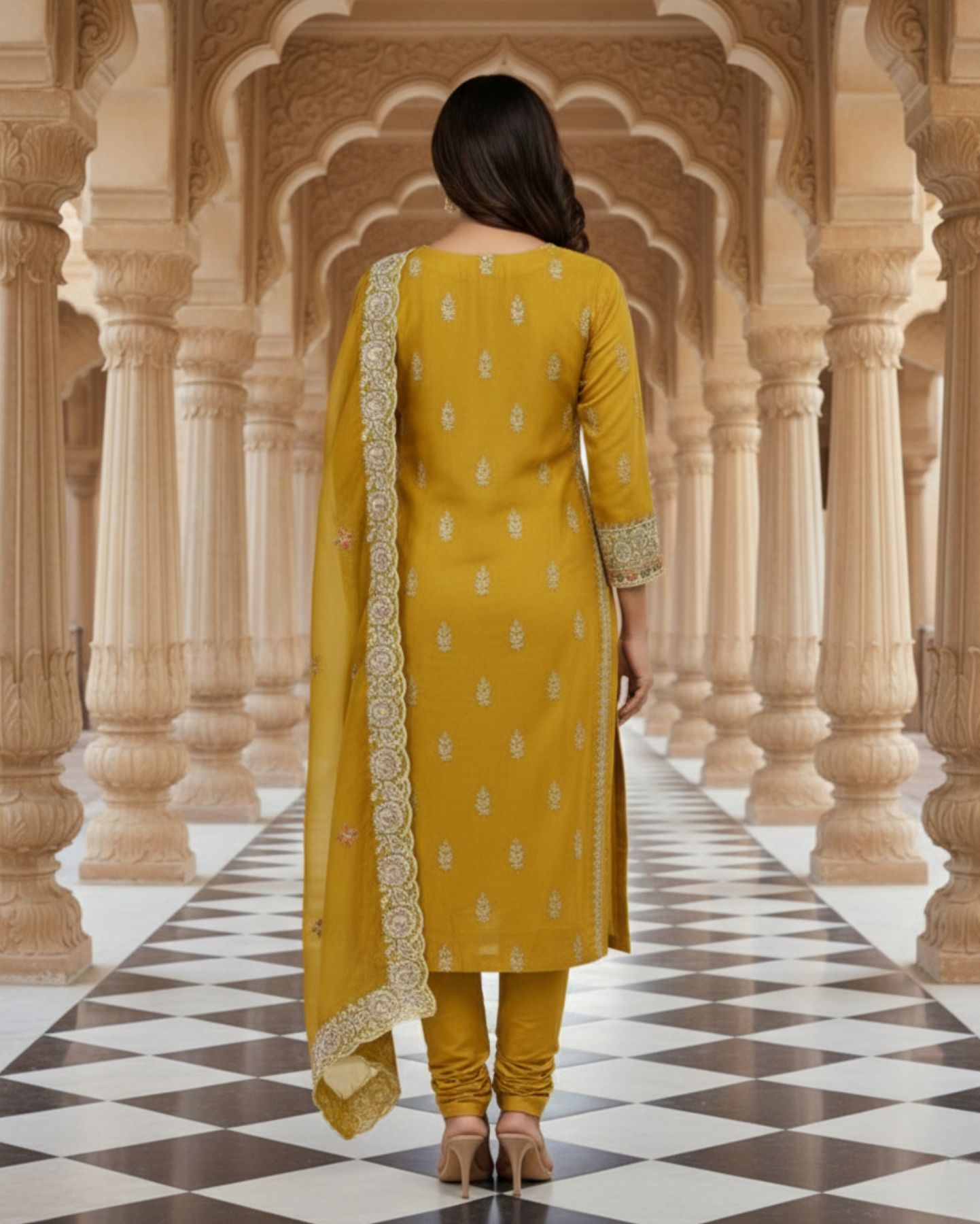 olive mustard semi stitched soft organza suit with dupatta with multicolour thread and zari embroidery