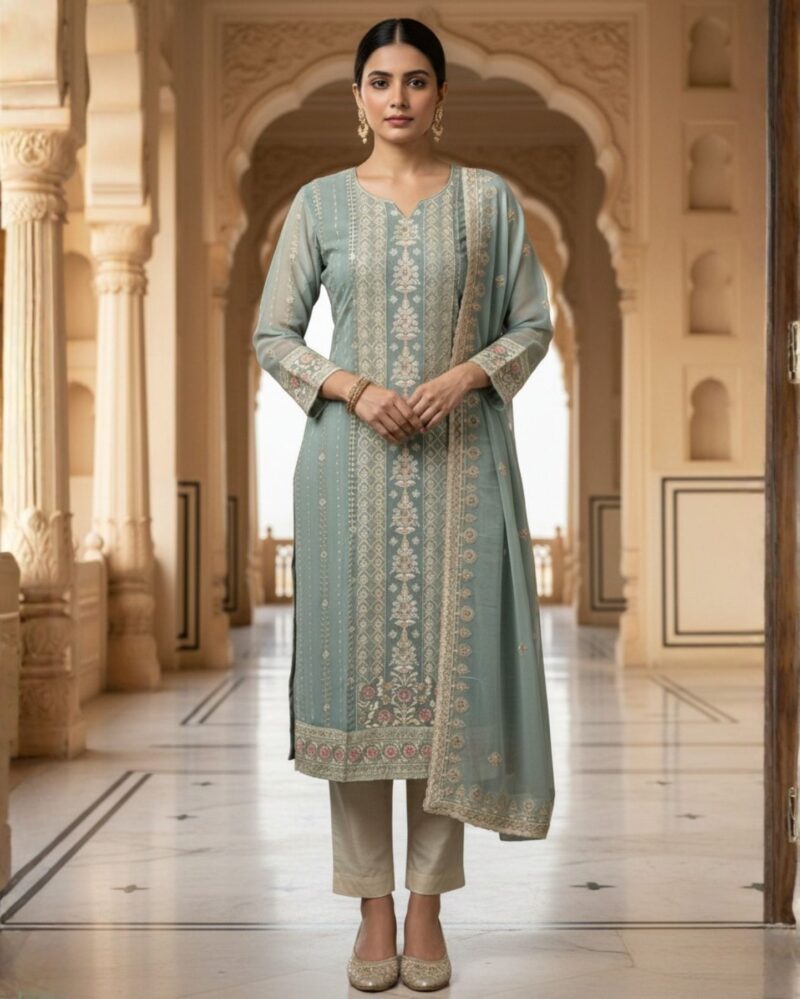 unstitched aqua blue organza enhanced with delicate ivory embroidery and sequin highlights suit material