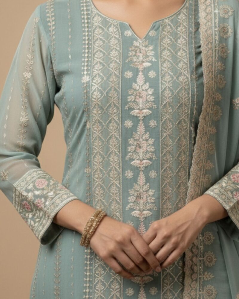 unstitched aqua blue organza enhanced with delicate ivory embroidery and sequin highlights suit material