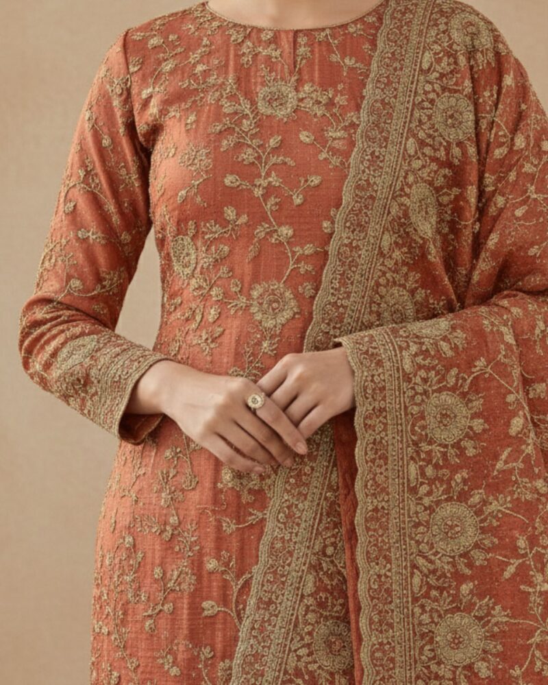 unstitched rose red tissue silk with zari work suit material